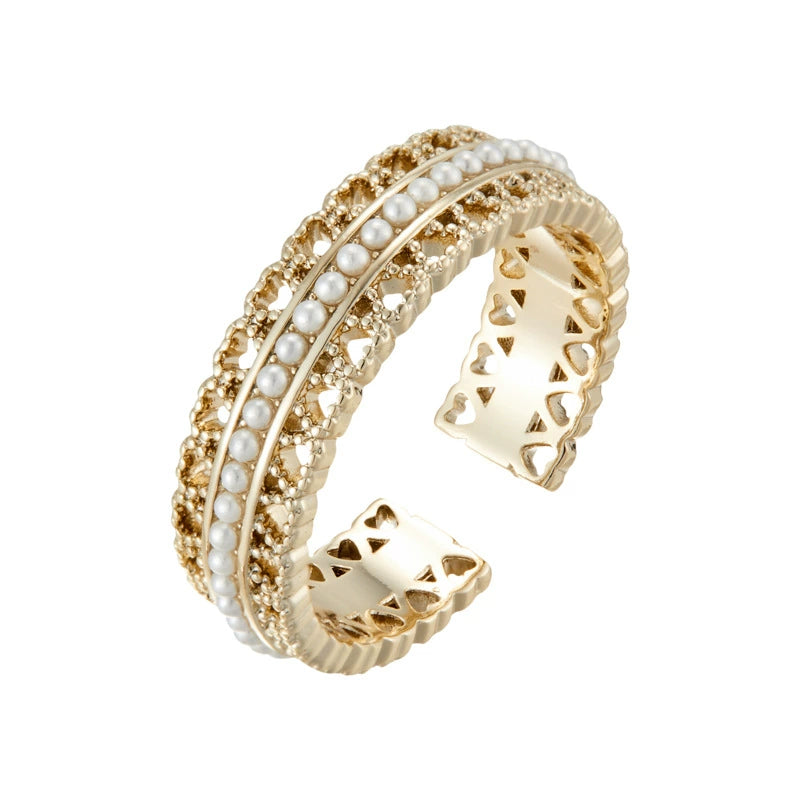 Pearl Lace Heart Open Ring A romantic statement ring with vintage lace texture, pearl accents, and an adjustable open design.