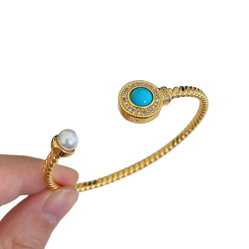 Blue Turquoise Pearl Open Cuff Bracelet