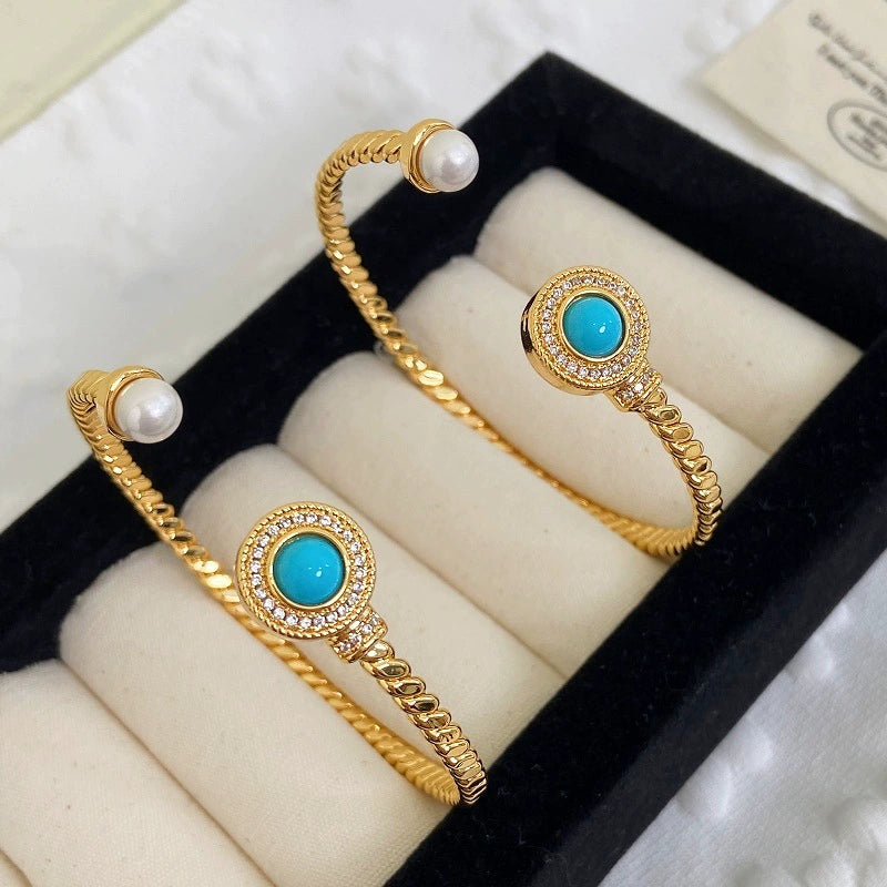 Blue Turquoise Pearl Open Cuff Bracelet