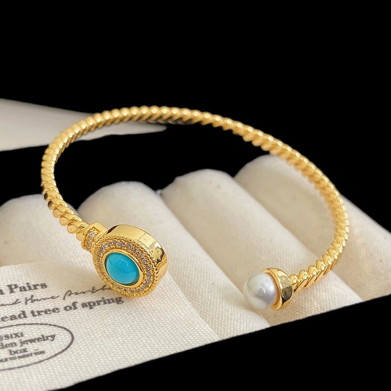 Blue Turquoise Pearl Open Cuff Bracelet