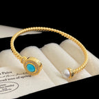 Blue Turquoise Pearl Open Cuff Bracelet