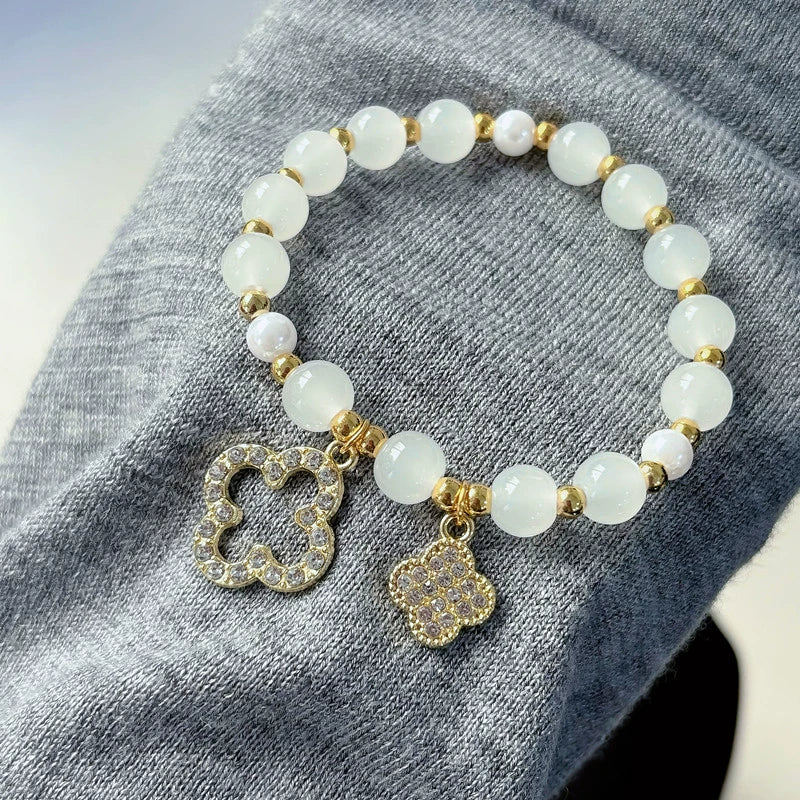Four-Leaf Cat Eye Pearl Stretch Bracelet