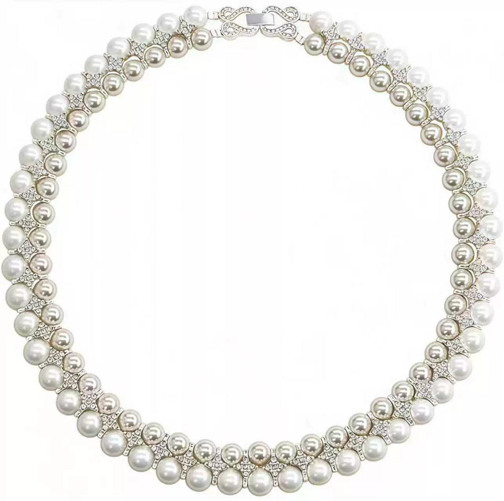 Luxe Double Row Pearl Rhinestone Choker Necklace