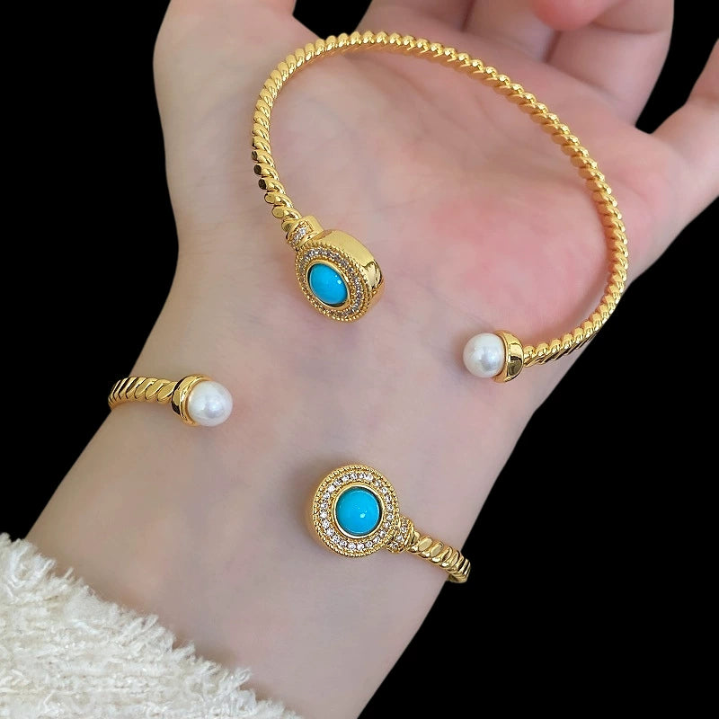 Blue Turquoise Pearl Open Cuff Bracelet