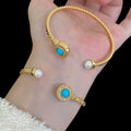 Blue Turquoise Pearl Open Cuff Bracelet