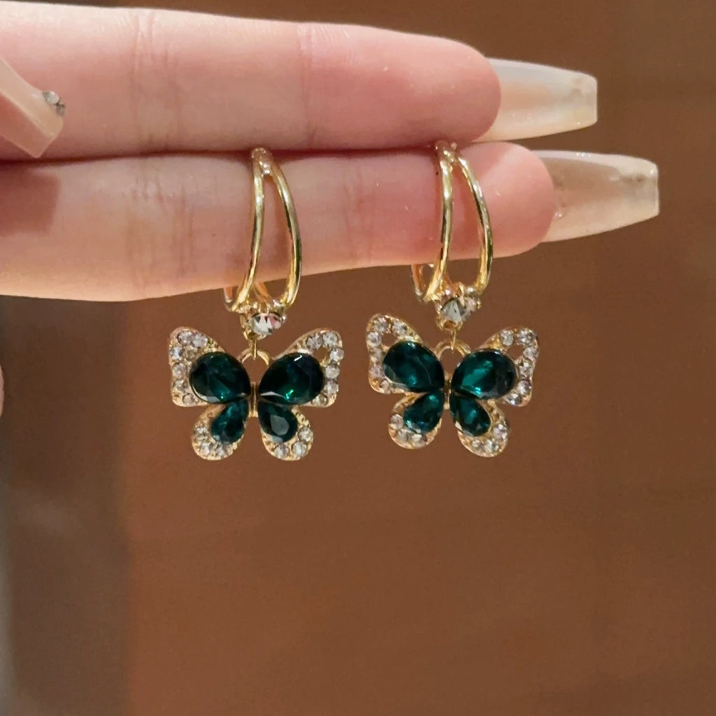 Green Crystal Butterfly Hoop Earrings Vintage-Inspired Elegance With a Soft Romantic Sparkle