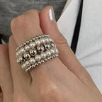 Vintage Pearl Beaded Open Ring A bold layered ring with pearl-style shine, black bead contrast, and effortless vintage charm.