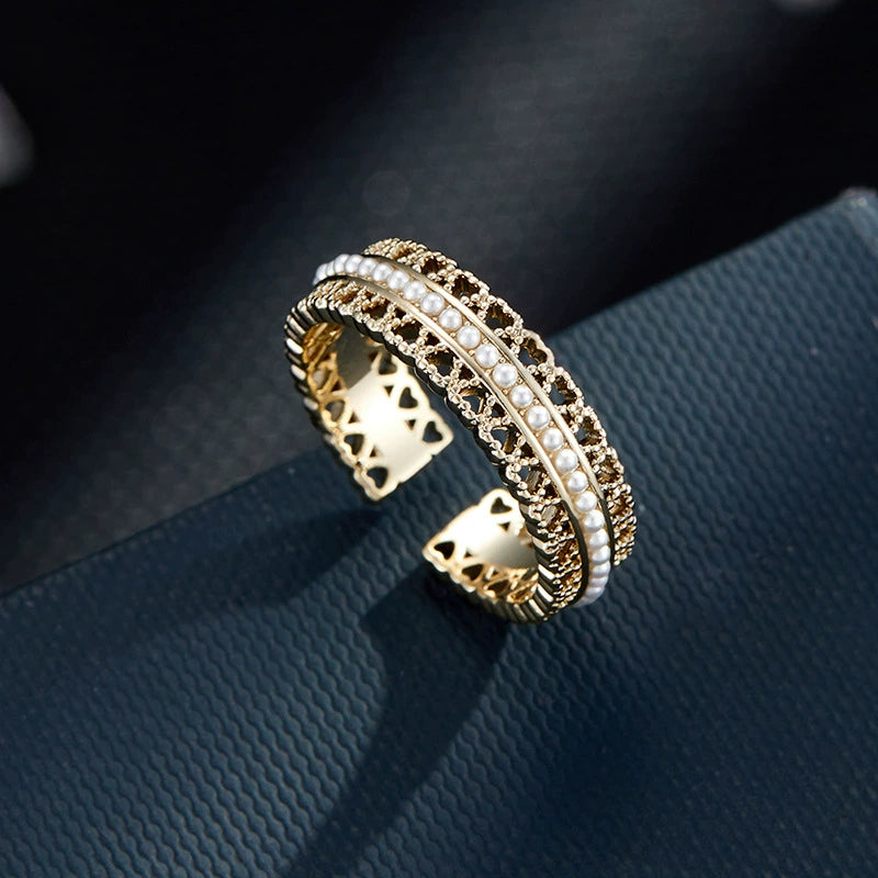 Pearl Lace Heart Open Ring A romantic statement ring with vintage lace texture, pearl accents, and an adjustable open design.