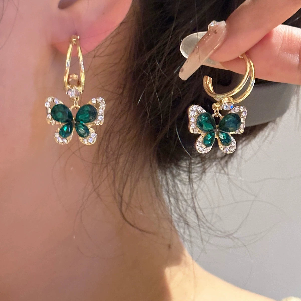 Green Crystal Butterfly Hoop Earrings Vintage-Inspired Elegance With a Soft Romantic Sparkle